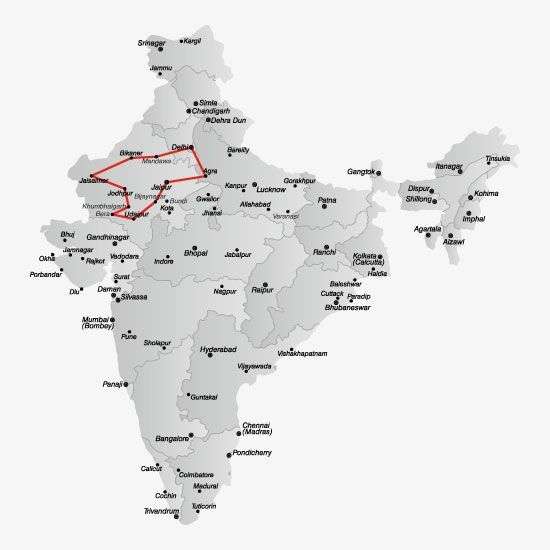 Route van de rondreis Rajasthan net even anders<br>